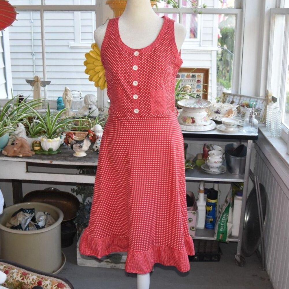 Vintage 1970s Sears Fashions Red Polka Dot Cotton Sundress Ruffle Hem Size Small